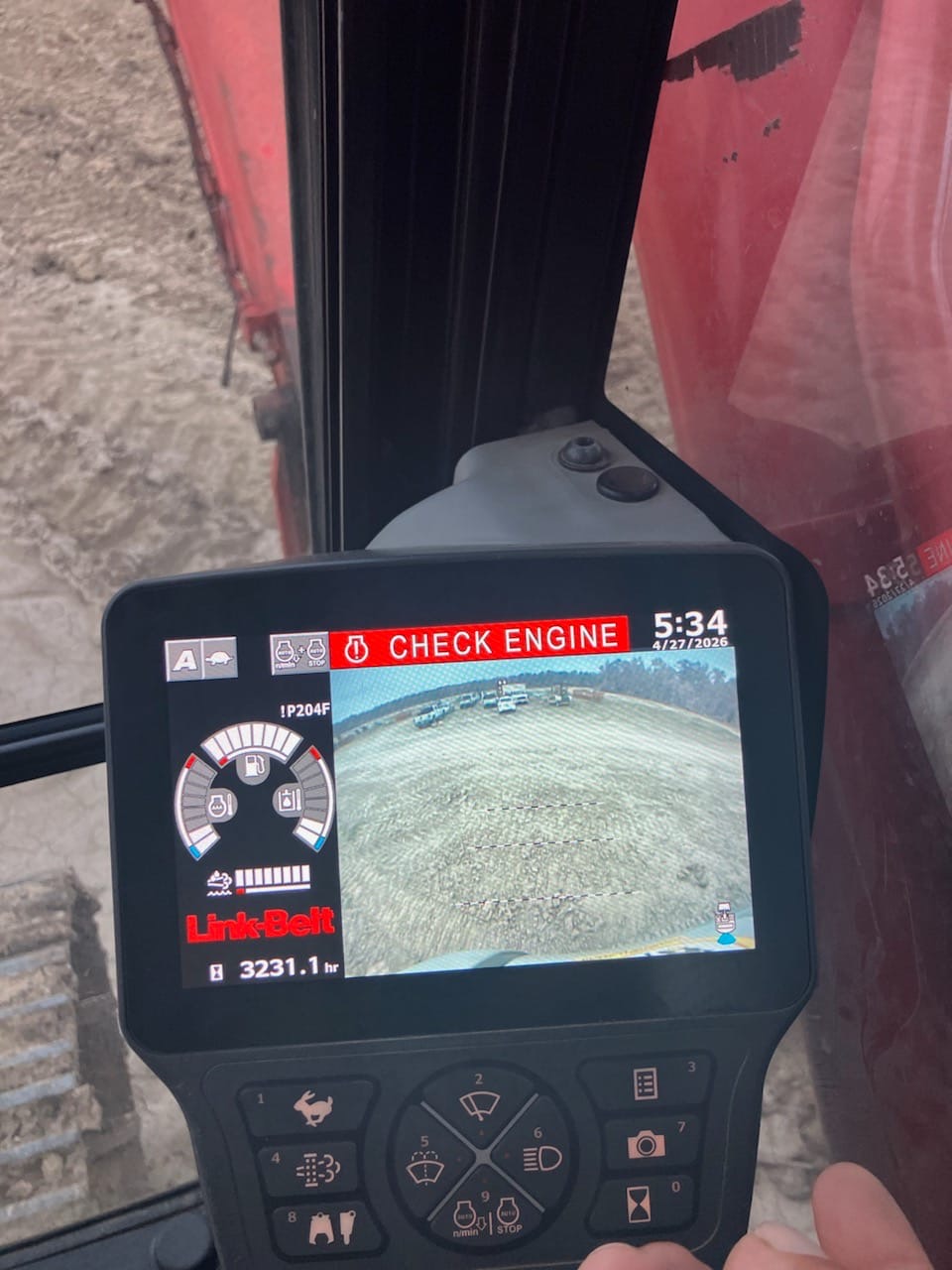 Link-Belt excavator CHECK ENGINE fault code diagnostic screen